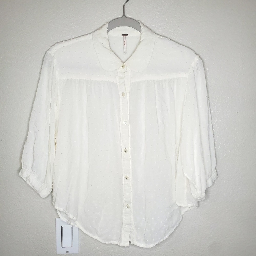 Free People White Swiss Dot Peter Pan Collar Button Down Blouse Small - Picture 2 of 10
